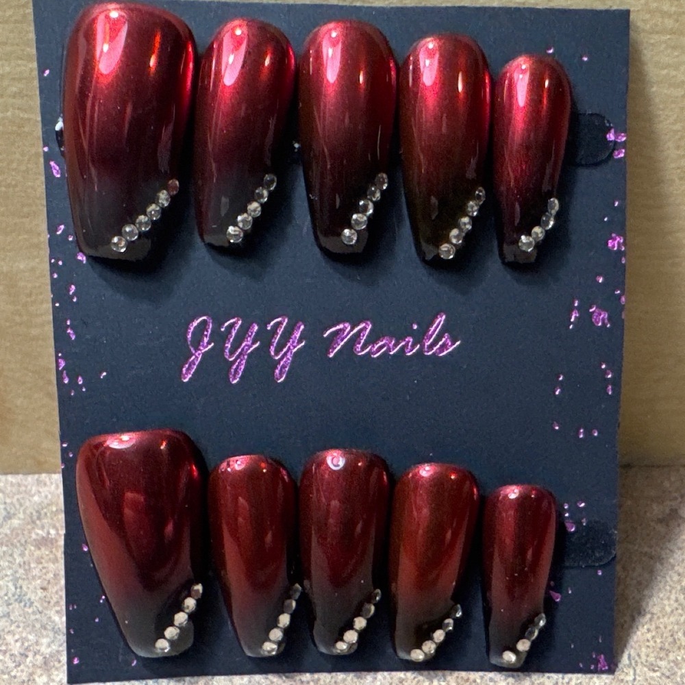 Press On Nails Burgundy Red Chrome Ombre Rhinestone Long Coffin Set
